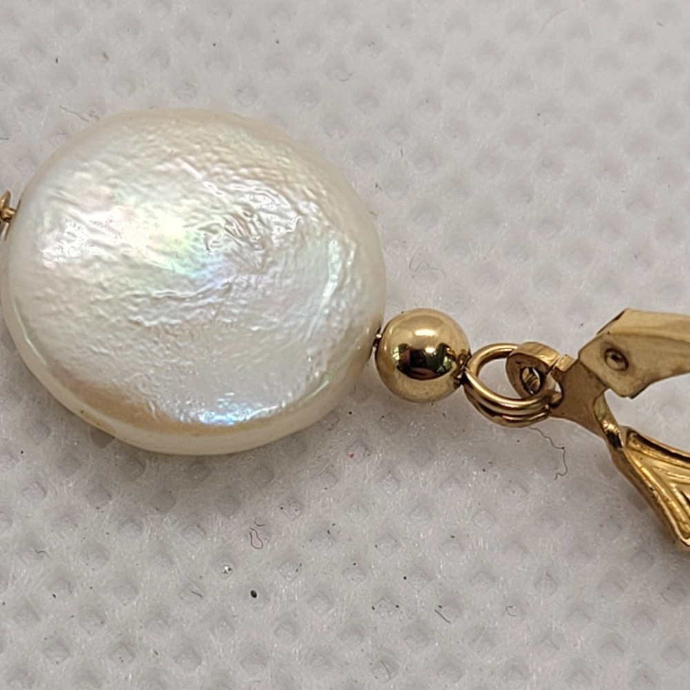 14K Yellow Gold Cultured Freshwater Coin Pearl Leverback Drop Earrings